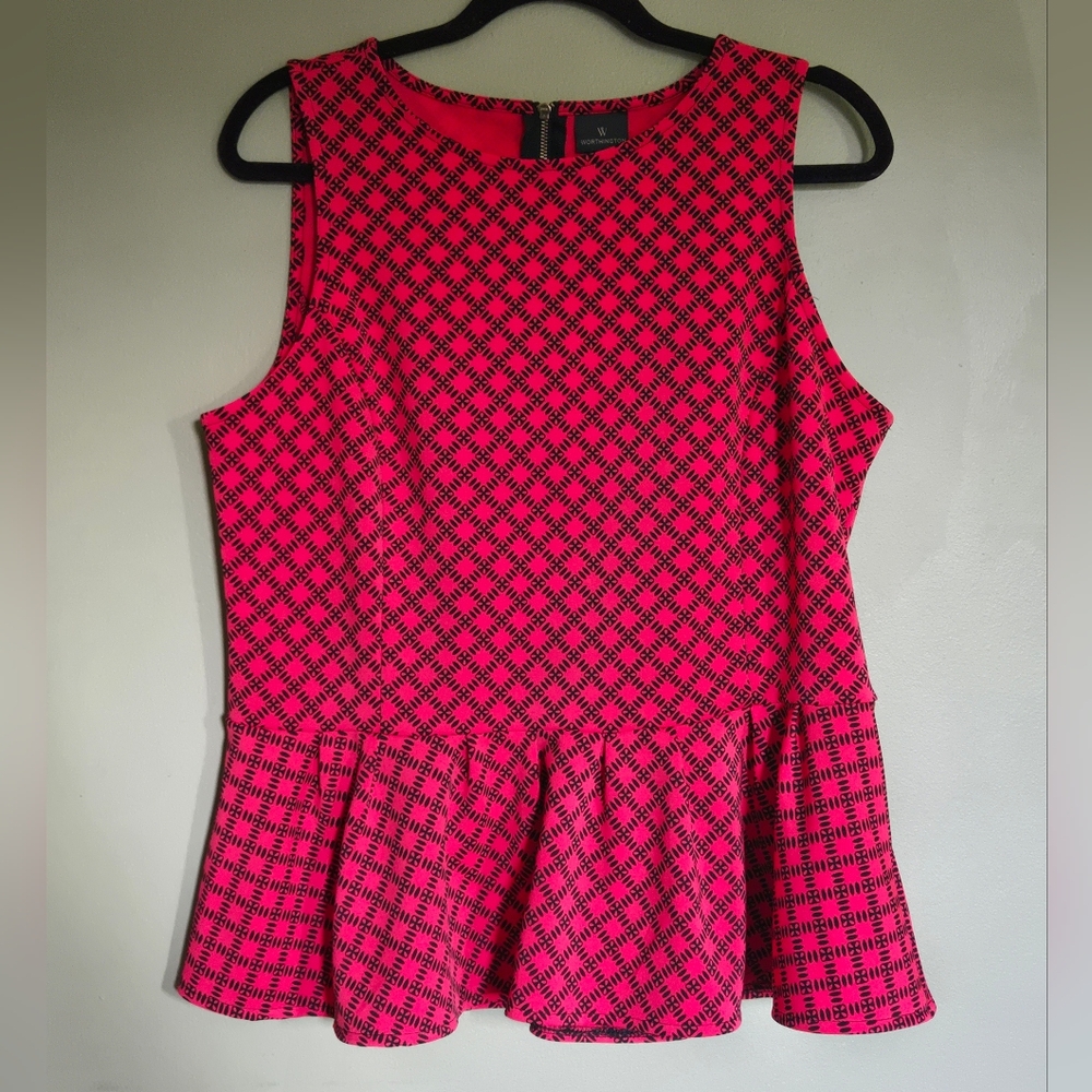 Worthington Red and Black Geometric Print Sleeveless Peplum Blouse Top Sz XL